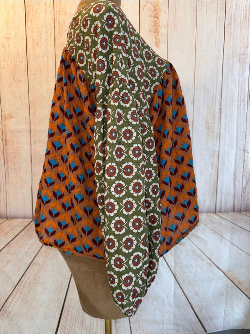 Bucket List Boho Floral Patchwork Peasant Blouse Green Orange Artsy Top L - Picture 4 of 10
